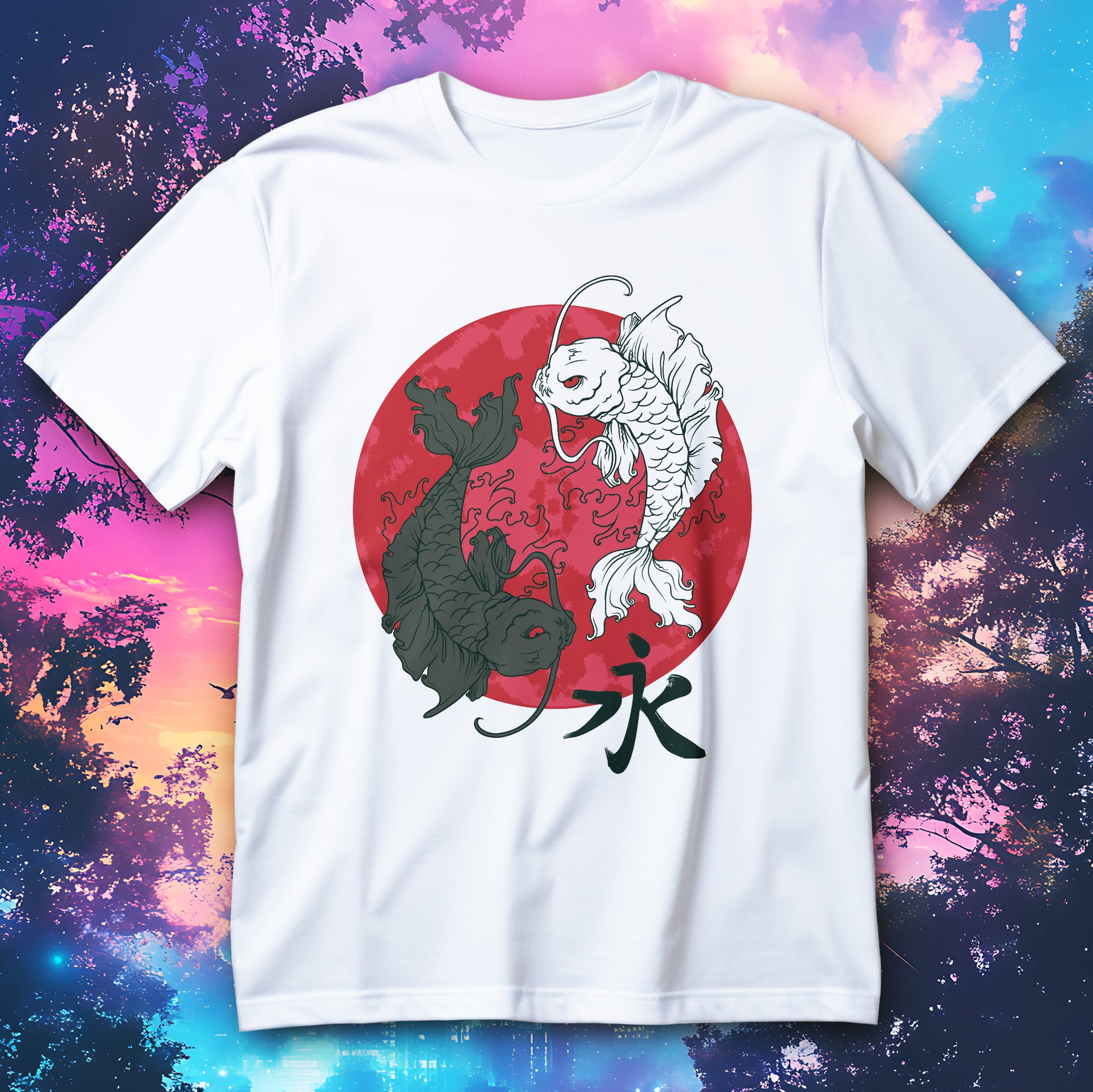 koszulka koi yin yang z dwiema kontrastowymi rybami koi na tle czerwonego okregu w japonskim stylu