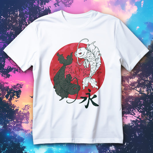 koszulka koi yin yang z dwiema kontrastowymi rybami koi na tle czerwonego okregu w japonskim stylu