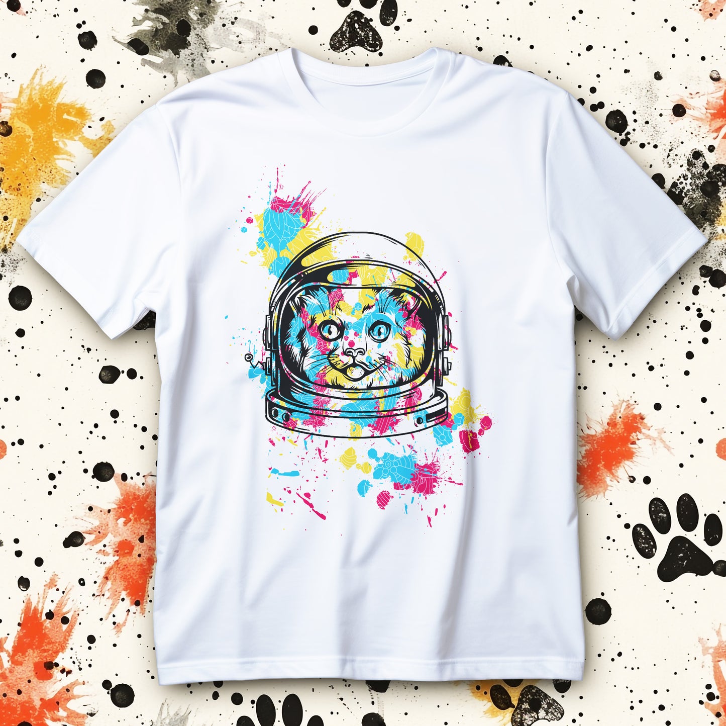 koszulka cosmic splash cat z neonowym kotem w helmie astronauty i kolorowymi rozbryzgami farby
