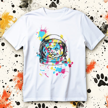 koszulka cosmic splash cat z neonowym kotem w helmie astronauty i kolorowymi rozbryzgami farby