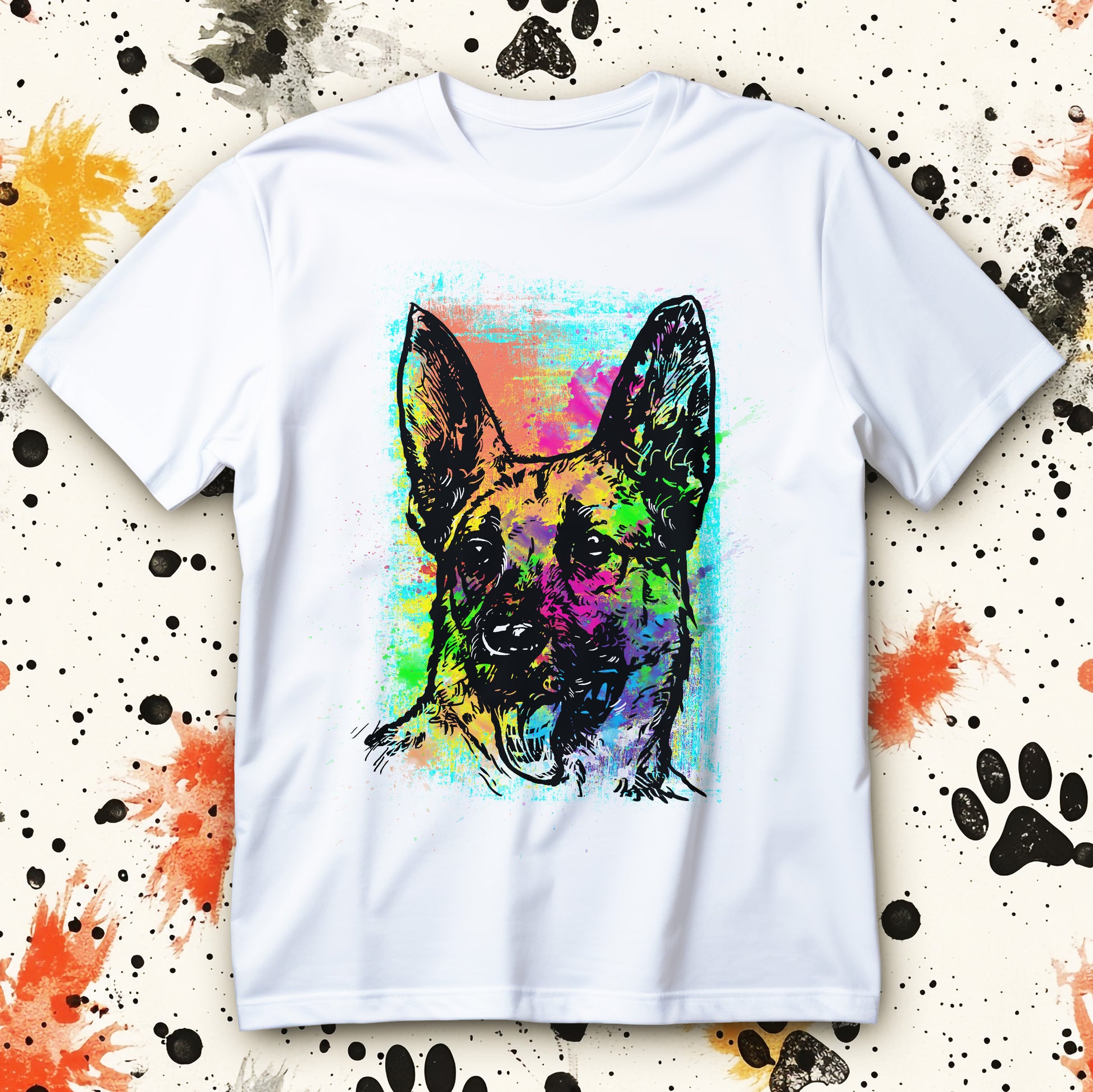 koszulka neon dog pop art z kolorowym portretem psa w neonowych barwach i artystycznym tle