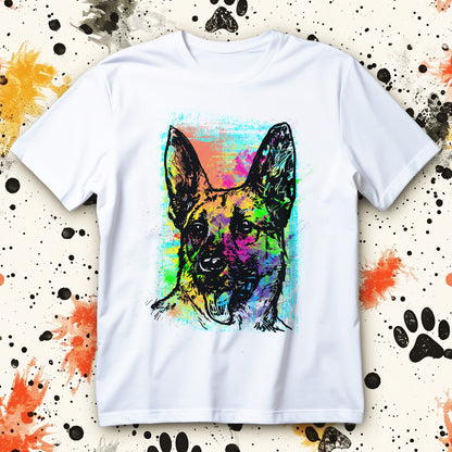 koszulka neon dog pop art z kolorowym portretem psa w neonowych barwach i artystycznym tle