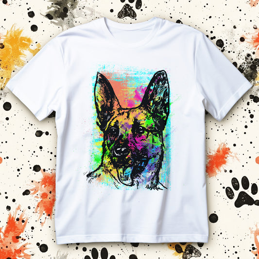 koszulka neon dog pop art z kolorowym portretem psa w neonowych barwach i artystycznym tle