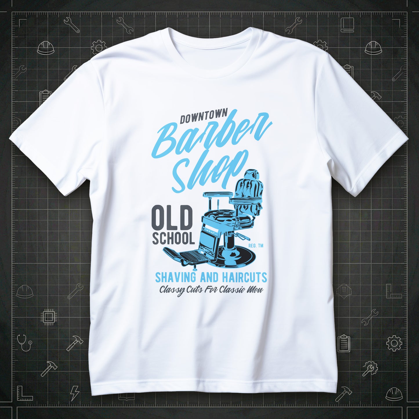 Koszulka barber shop old school z fotelem barberskim i napisem shaving and haircuts