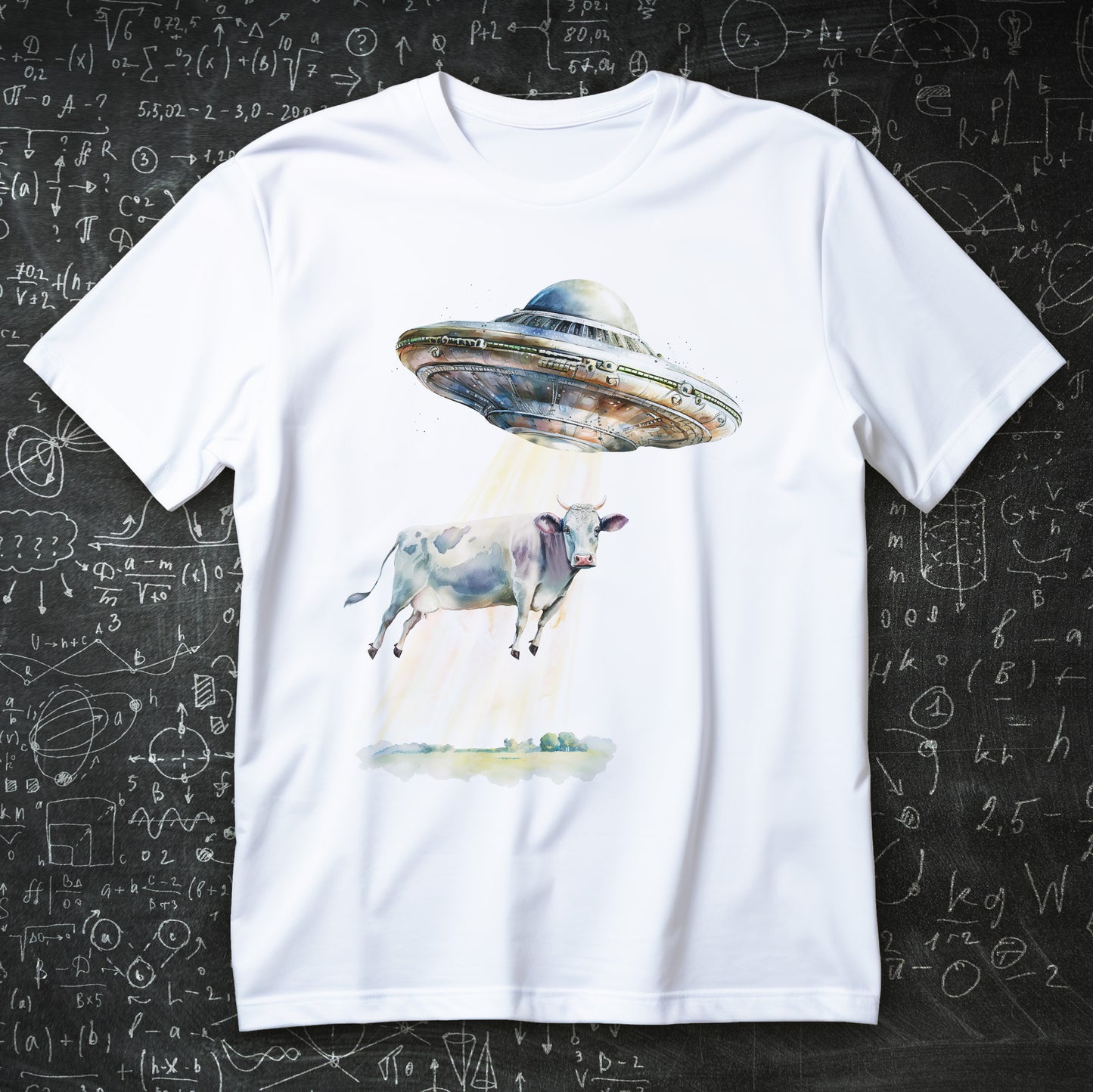 Koszulka UFO z krową porywaną przez latający spodek w promieniu światła, humorystyczny motyw sci-fi