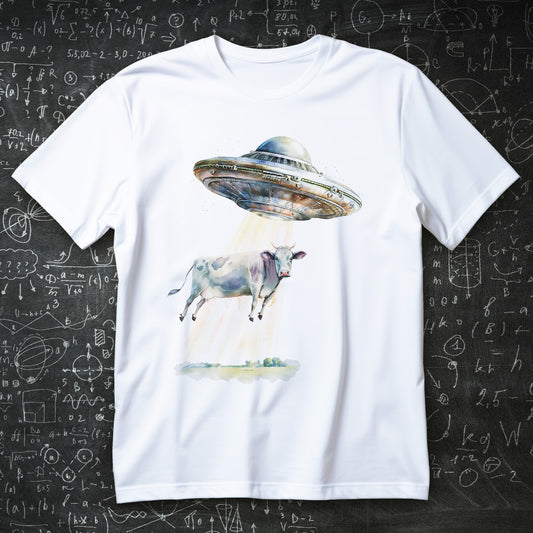 Koszulka UFO z krową porywaną przez latający spodek w promieniu światła, humorystyczny motyw sci-fi