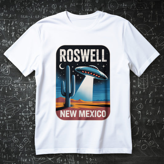 Koszulka Roswell New Mexico UFO z latającym spodkiem, kaktusem i pustynnym krajobrazem nocą