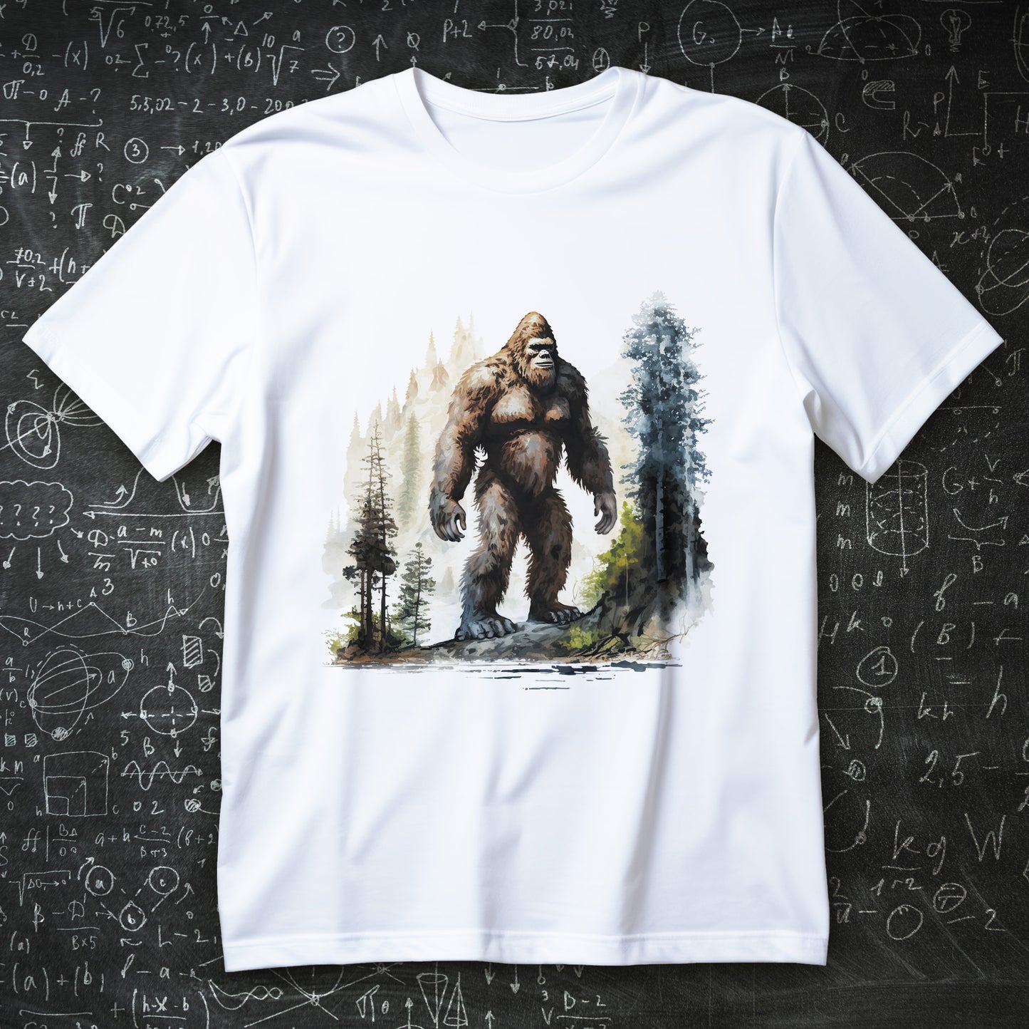 Koszulka Bigfoot w lesie z akwarelową grafiką włochatej postaci wśród drzew i górskiego krajobrazu