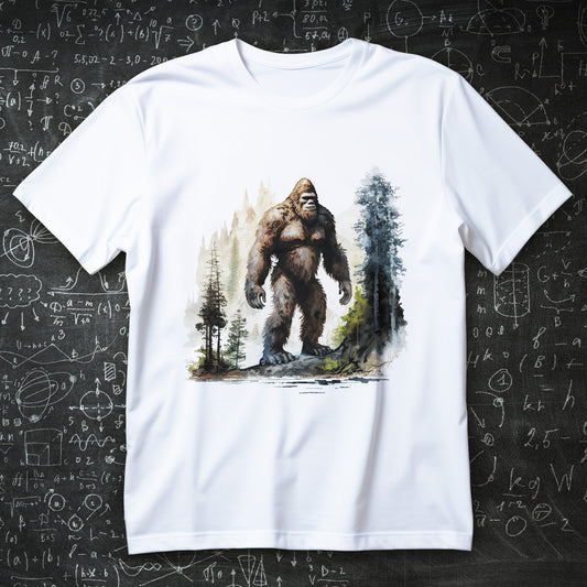 Koszulka Bigfoot w lesie z akwarelową grafiką włochatej postaci wśród drzew i górskiego krajobrazu