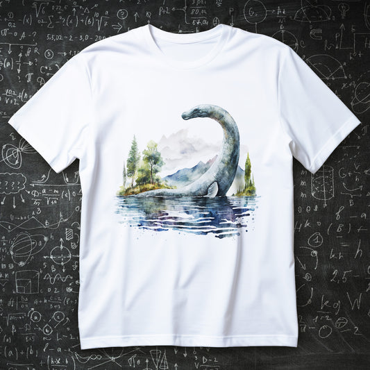 Koszulka Potwór z Loch Ness z akwarelową grafiką Nessie wynurzającego się z jeziora na tle gór i drzew