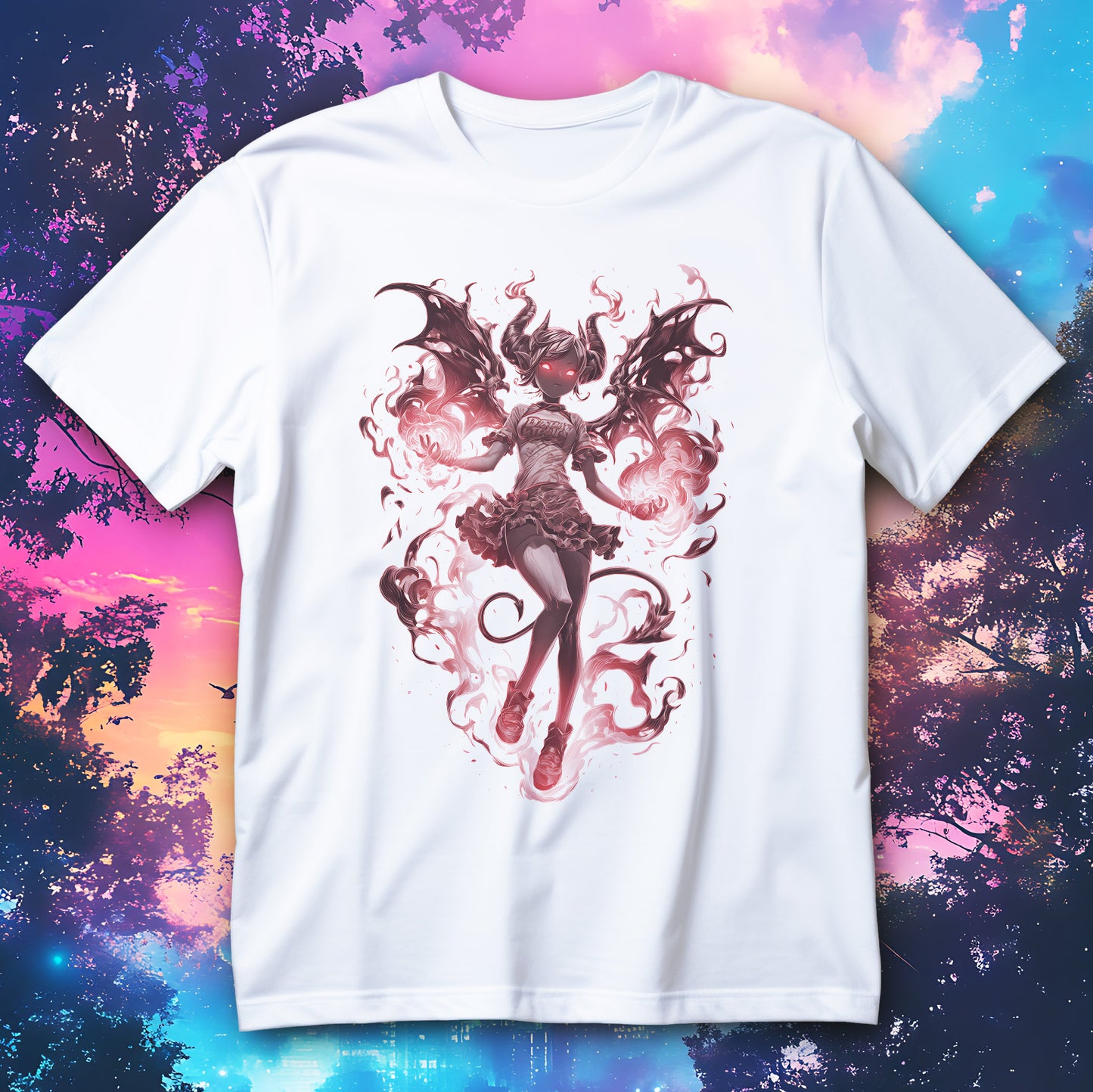 Koszulka anime demon girl z rogami, skrzydłami, ogonem i różowymi płomieniami na czarnym tle
