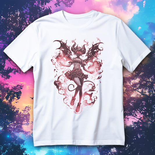 Koszulka anime demon girl z rogami, skrzydłami, ogonem i różowymi płomieniami na czarnym tle