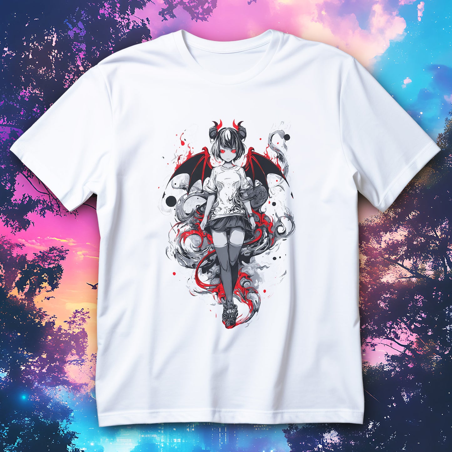 Koszulka anime diablica z czerwonymi skrzydłami, rogami i czerwonymi oczami na czarnym tle