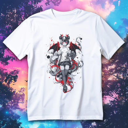 Koszulka anime diablica z czerwonymi skrzydłami, rogami i czerwonymi oczami na czarnym tle