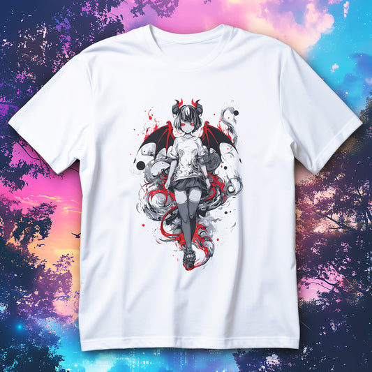 Koszulka anime diablica z czerwonymi skrzydłami, rogami i czerwonymi oczami na czarnym tle