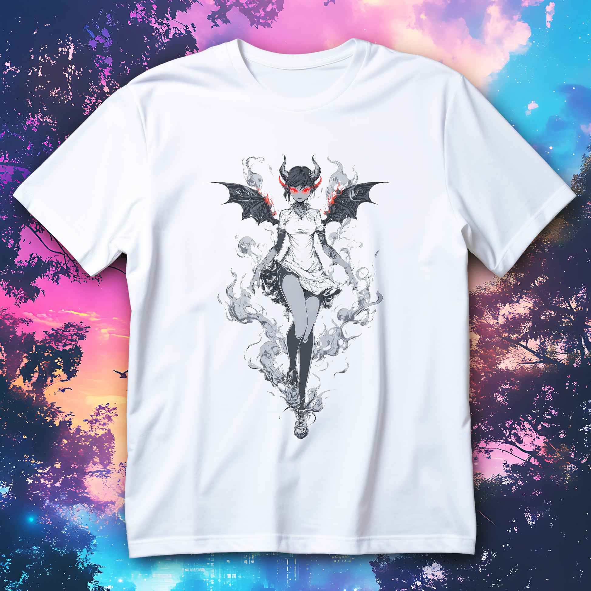 Koszulka dark anime girl z rogami, skrzydłami, czerwonymi oczami i mroczną aurą na czarnym tle