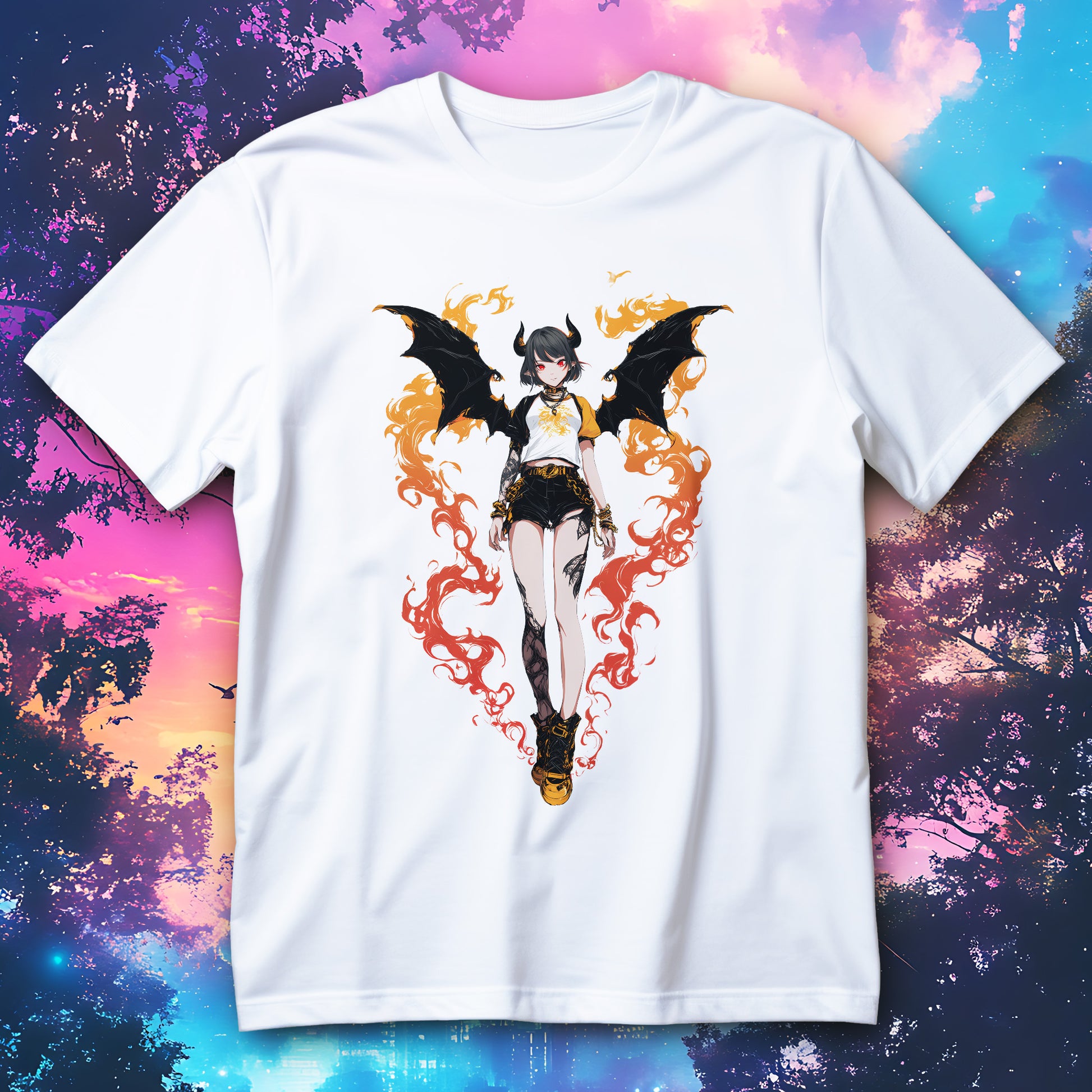 Koszulka anime girl z rogami, czarnymi skrzydłami, czerwonymi oczami i ognistą aurą na czarnym tle