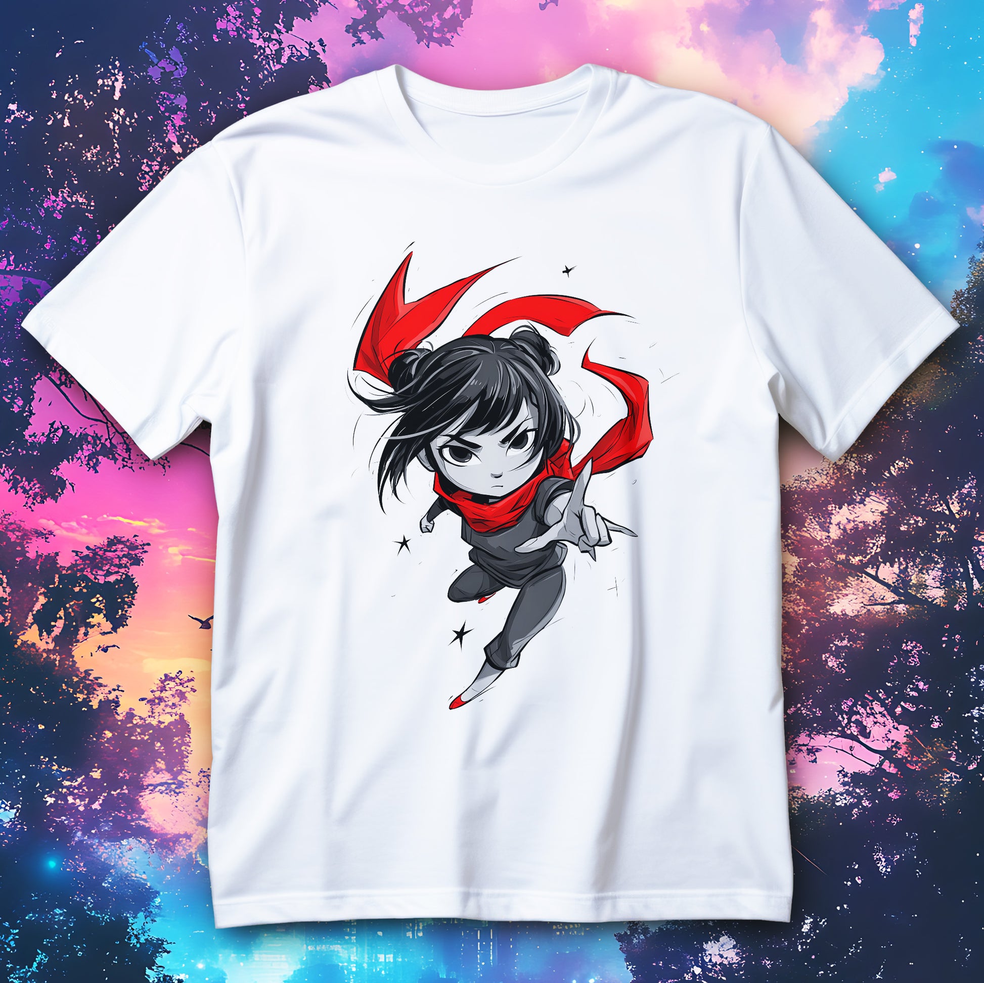 Koszulka ninja anime z grafiką dziewczyny ninja w czerwonym szaliku i dynamicznej pozie
