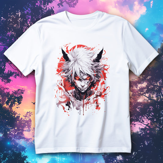 Koszulka anime demon z rogami, bialymi wlosami i czerwonymi oczami na czarnym tle