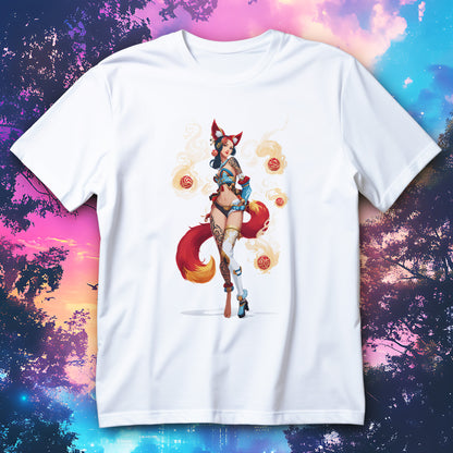 Koszulka anime kitsune girl z lisimi uszami, czerwonym ogonem, płomieniami i kulami energii