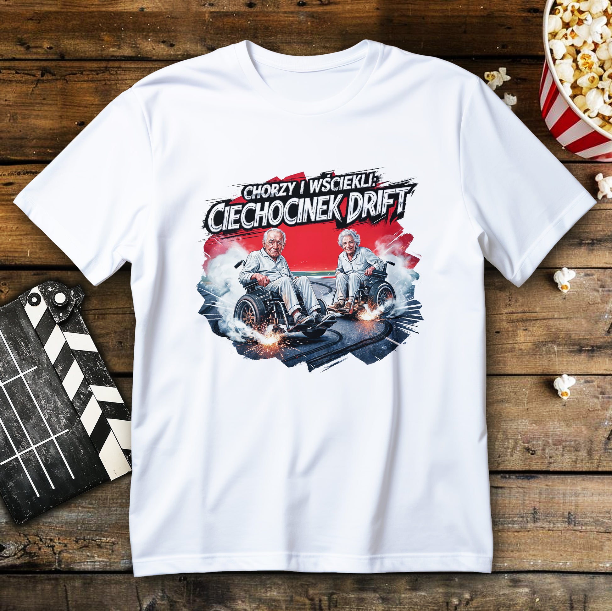 Koszulka Chorzy i Wściekli Ciechocinek Drift z seniorami na wózkach inwalidzkich w driftowym poślizgu