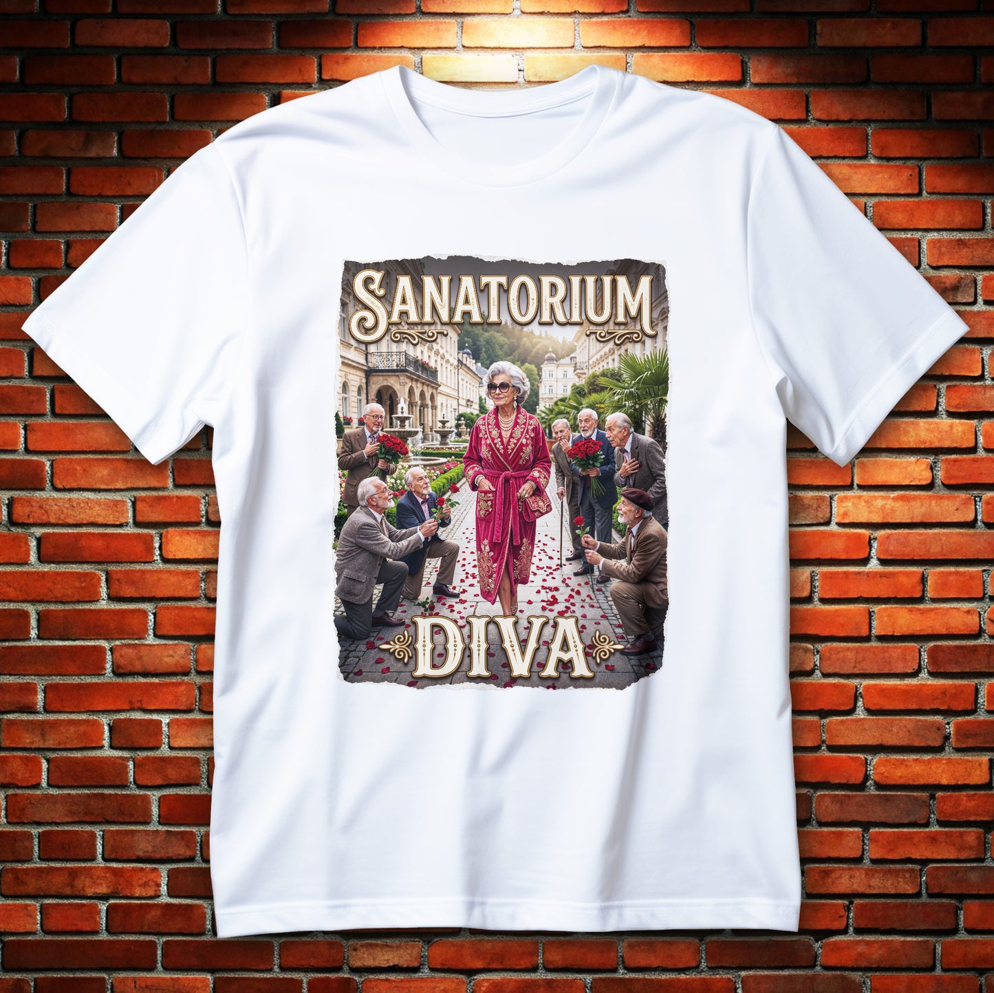 Koszulka Sanatorium Diva z elegancką seniorką w różowym szlafroku i panami z różami w tle