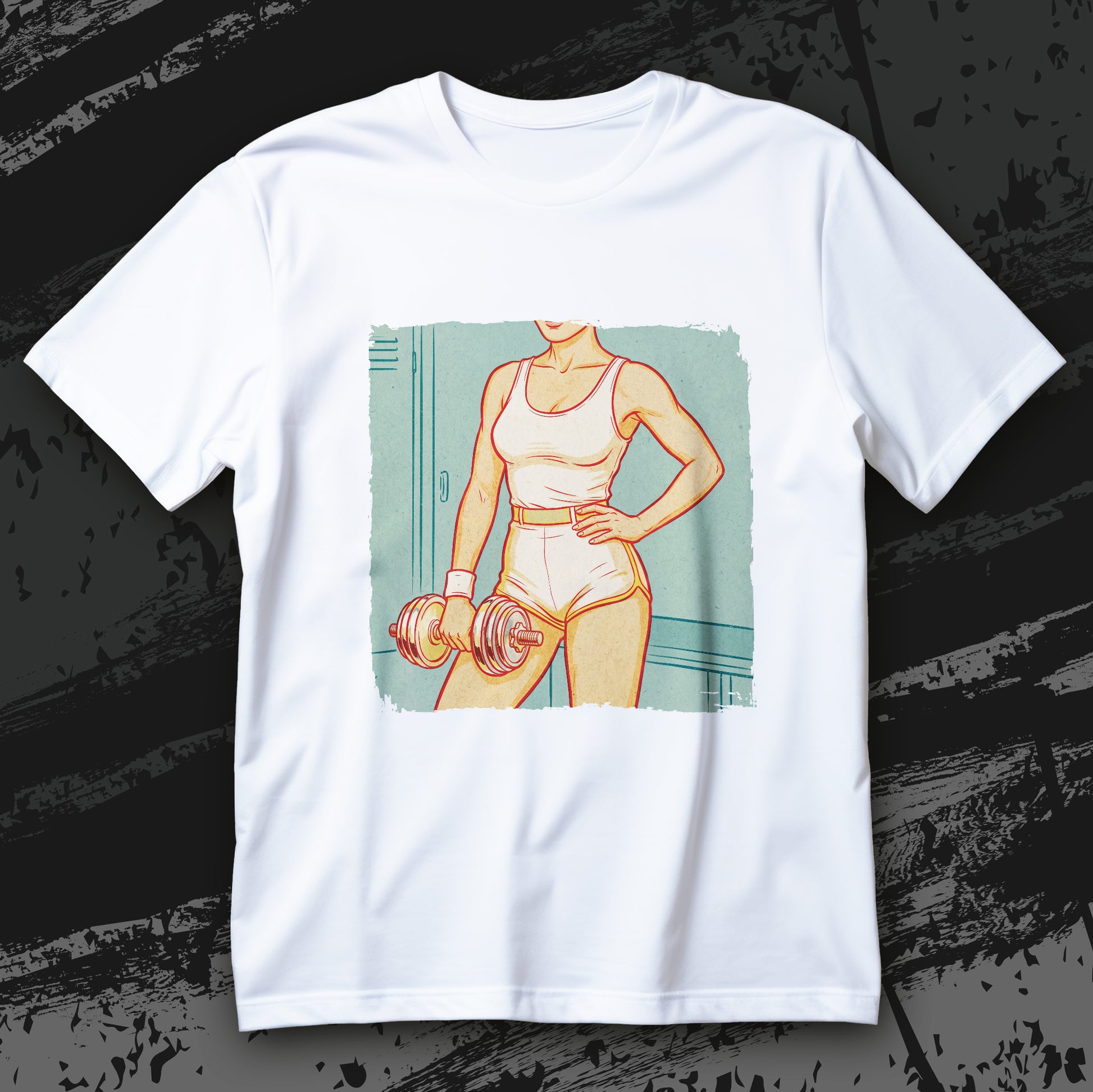 Koszulka siłownia Sport Is Sexy z retro kobietą fitness trzymającą hantel na tle sali treningowej