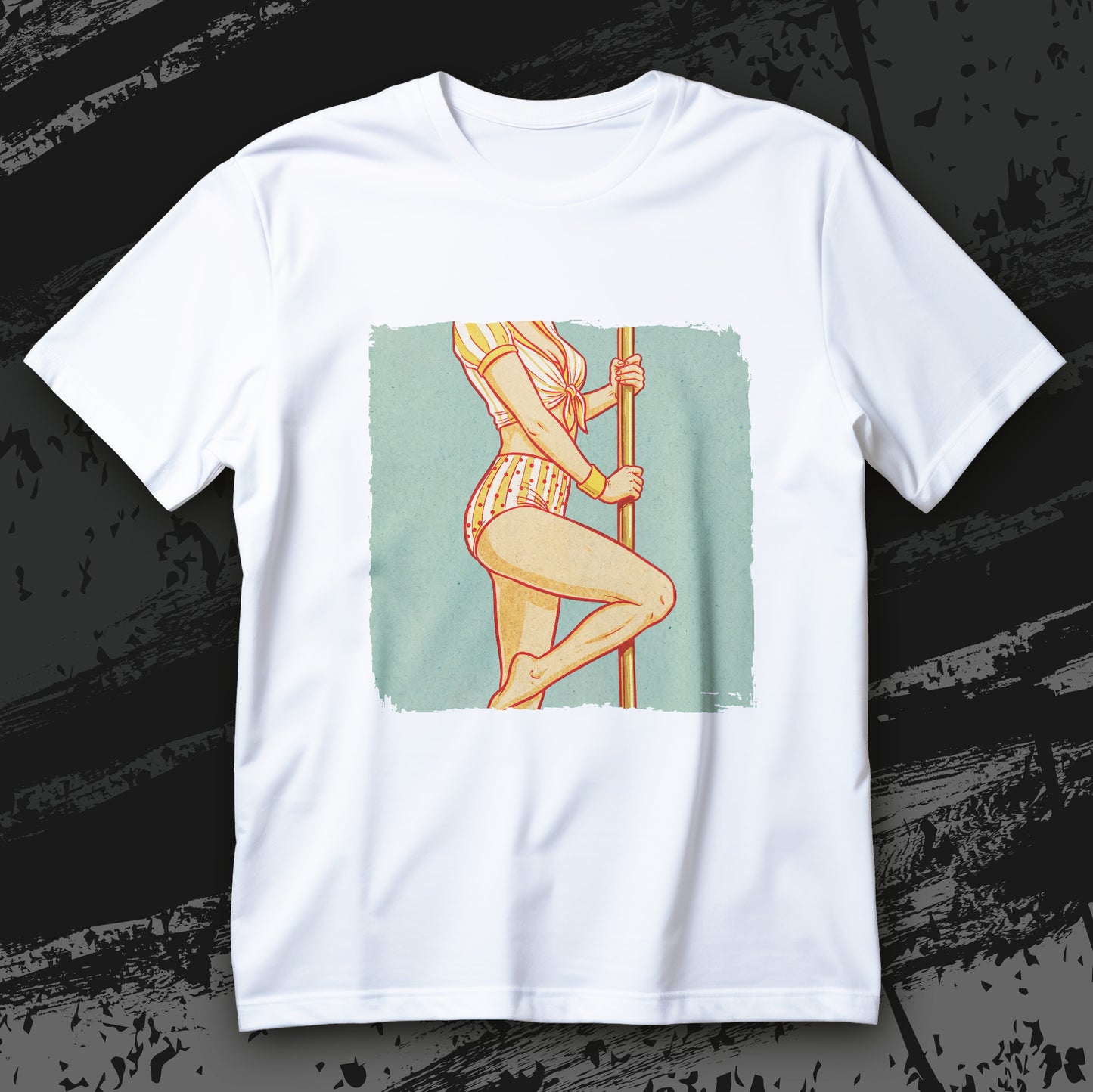 Koszulka pole dance Sport Is Sexy z retro kobietą przy rurze w stroju w grochy na jasnym tle