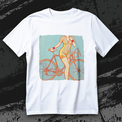 Koszulka kolarstwo Sport Is Sexy z retro kobietą przy rowerze szosowym na turkusowym tle