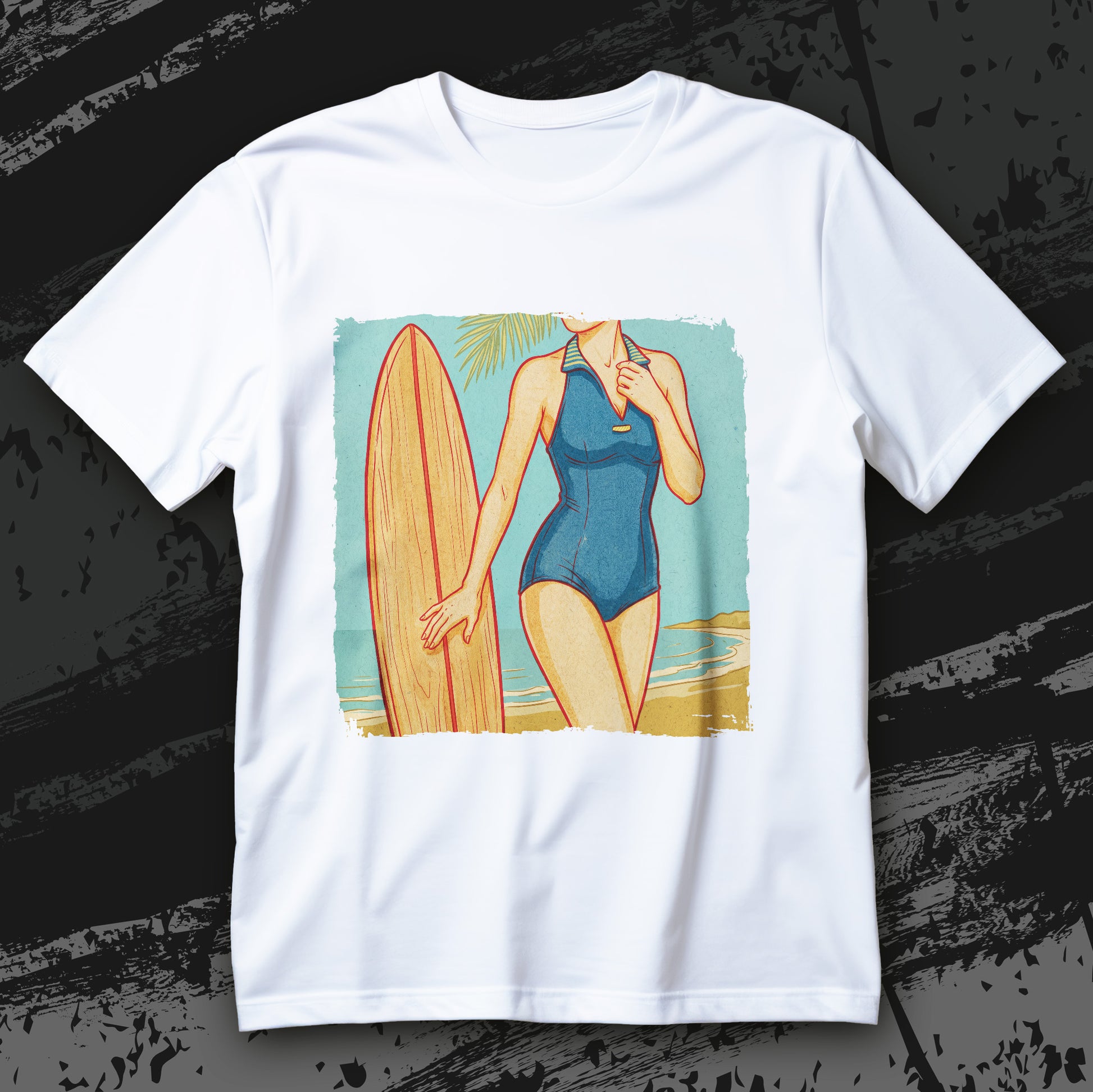 Koszulka surfing Sport Is Sexy z retro kobietą przy desce surfingowej na tle plaży i morza