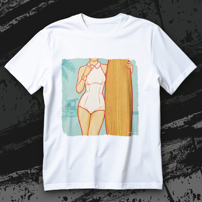 Koszulka surfing Sport Is Sexy z retro kobietą przy długiej desce surfingowej na tle plaży i palmy