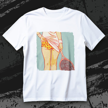 Koszulka tenis Sport Is Sexy z retro kobietą trzymającą rakietę tenisową na turkusowym tle