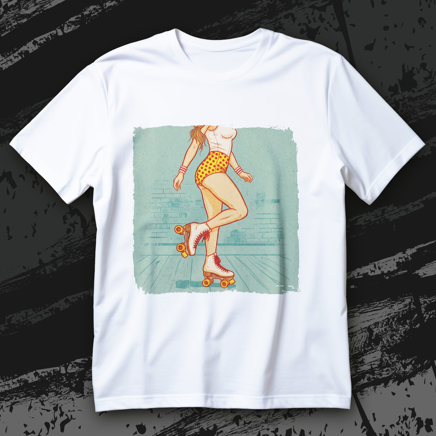 Koszulka wrotki Sport Is Sexy z retro dziewczyną na klasycznych wrotkach na turkusowym tle