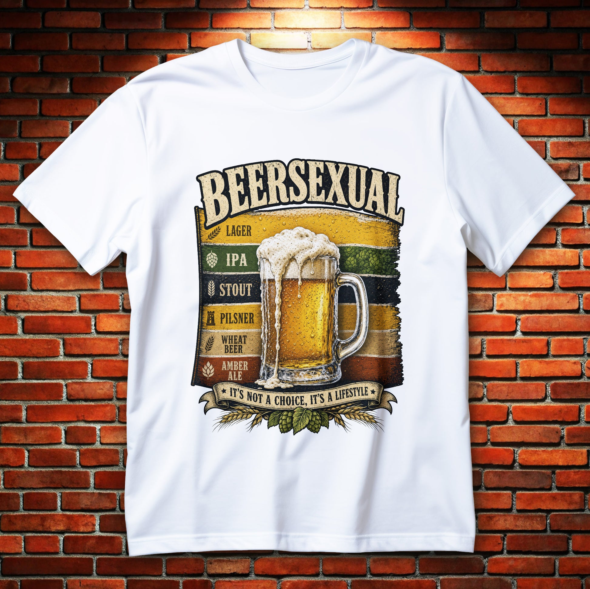 Koszulka piwna Beersexual z pełnym kuflem, pianą, chmielem i nazwami stylów piwa