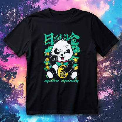 Koszulka panda na szczęście z białą pandą, złotymi monetami, chińskimi znakami i napisem make money