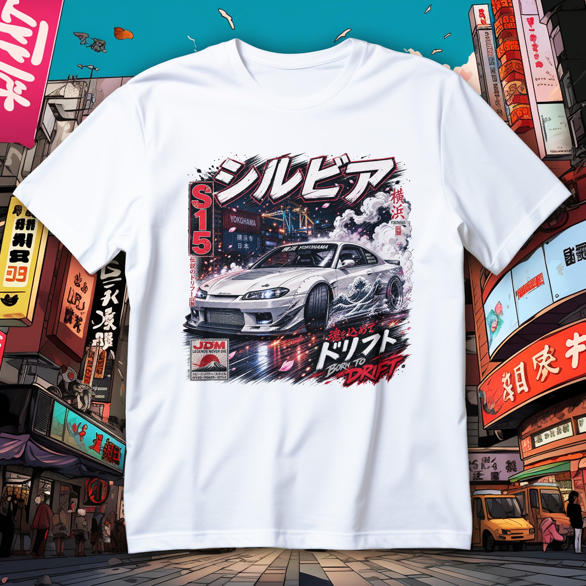Koszulka Nissan Silvia S15 z białym coupe w drifcie, motywem fali, portem Yokohama i dymem spod kół
