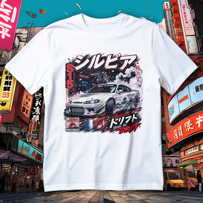 Koszulka Nissan Silvia S15 z białym coupe w drifcie, motywem fali, portem Yokohama i dymem spod kół