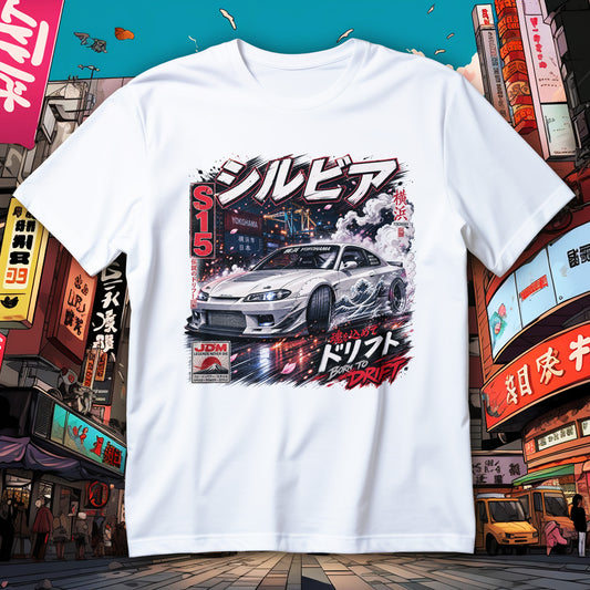 Koszulka Nissan Silvia S15 z białym coupe w drifcie, motywem fali, portem Yokohama i dymem spod kół