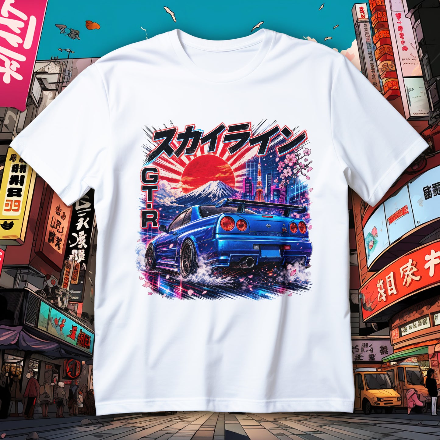 Koszulka Nissan Skyline GT-R R34 z niebieskim coupe, górą Fuji, czerwonym słońcem, sakurą i neonowym Tokio