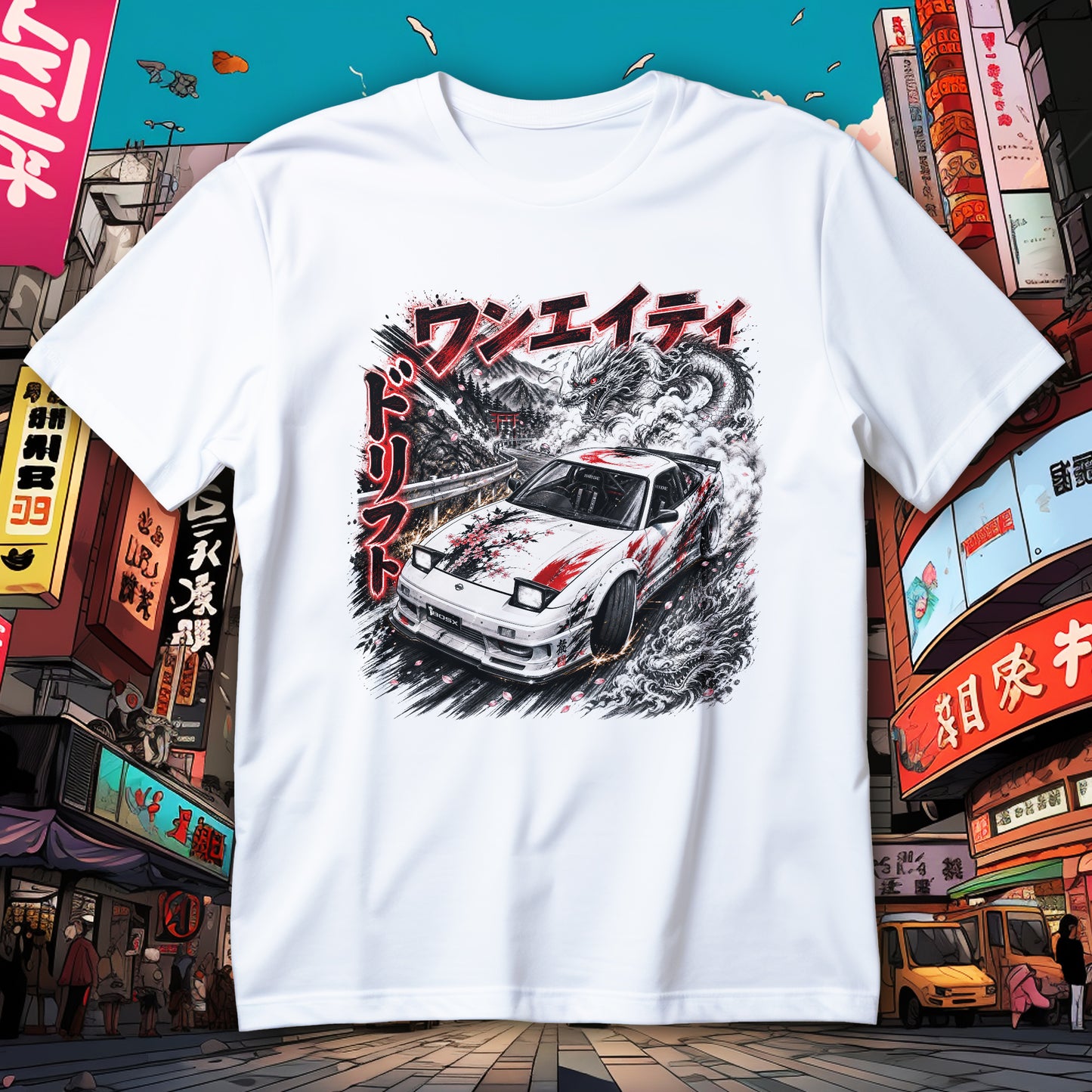 Koszulka 180SX S13 z białym coupe w drifcie, smokami, sakurą, bramą torii i górską trasą