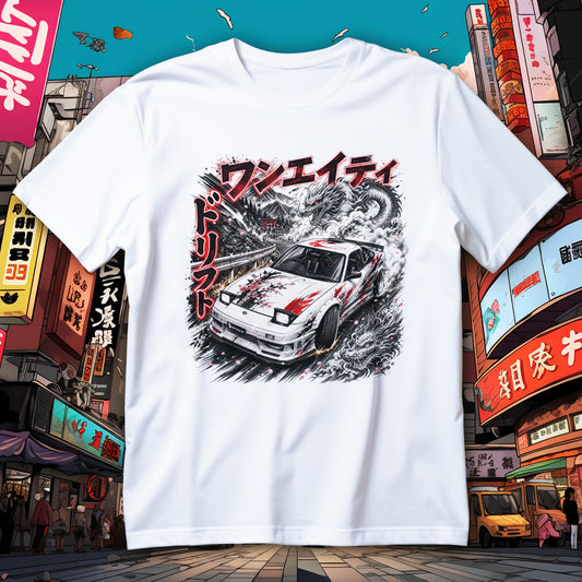 Koszulka 180SX S13 z białym coupe w drifcie, smokami, sakurą, bramą torii i górską trasą