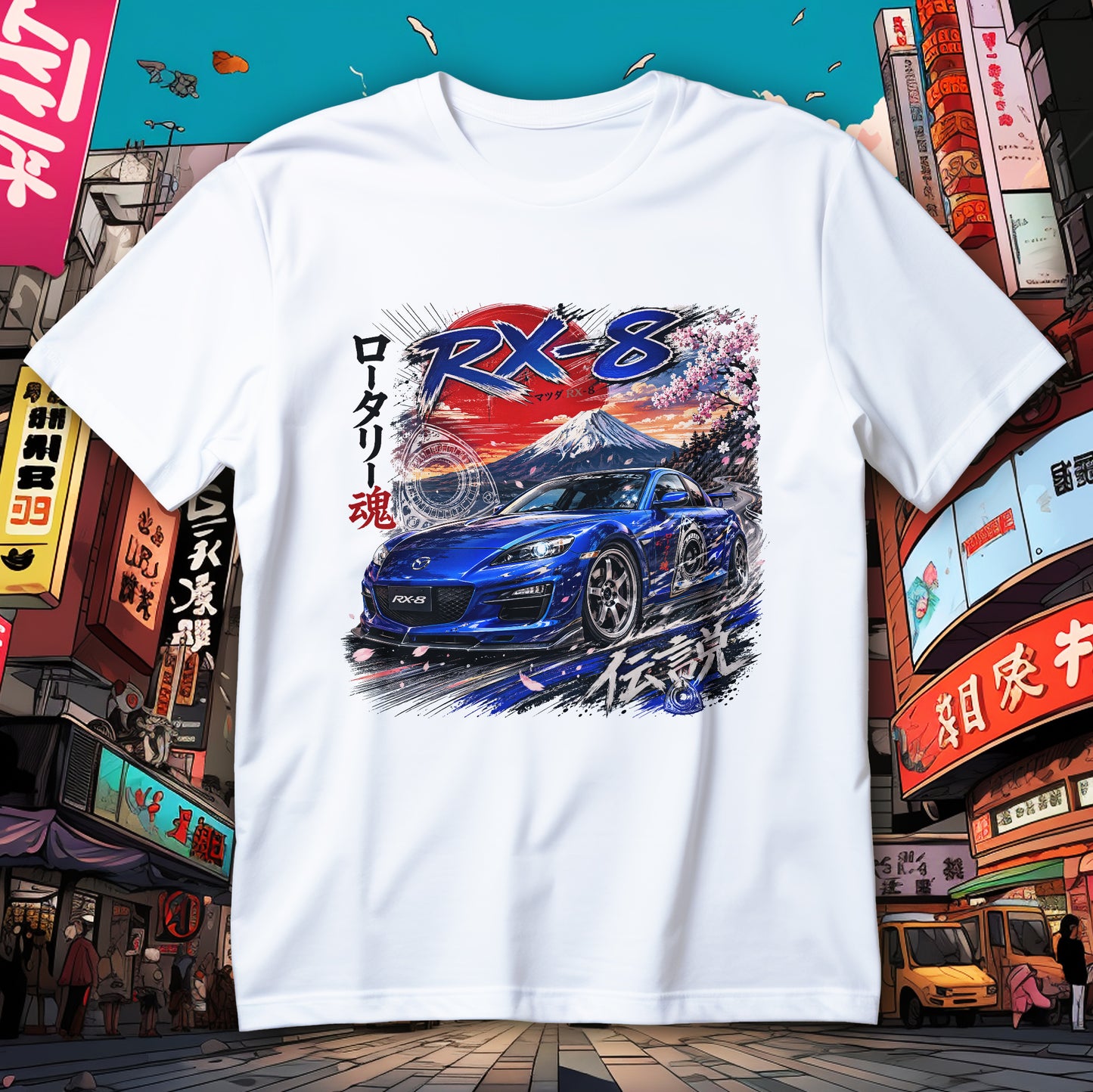 Koszulka JDM z niebieskim coupe RX-8, górą Fuji, sakurą, czerwonym słońcem i schematem rotora