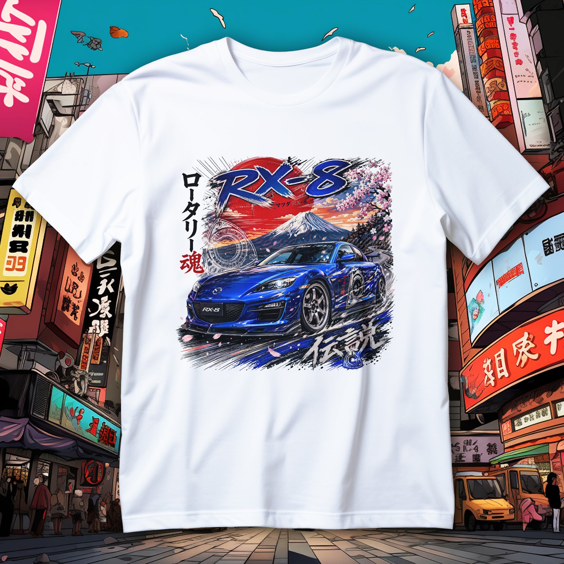 Koszulka JDM z niebieskim coupe RX-8, górą Fuji, sakurą, czerwonym słońcem i schematem rotora