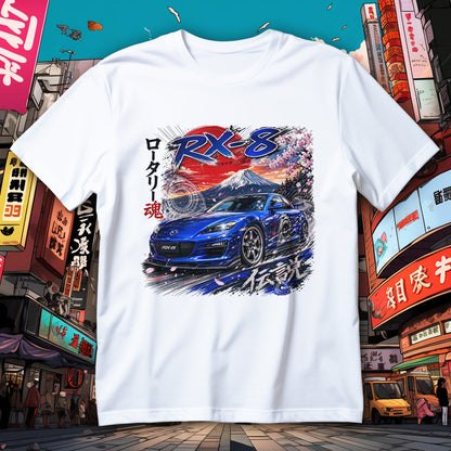 Koszulka JDM z niebieskim coupe RX-8, górą Fuji, sakurą, czerwonym słońcem i schematem rotora