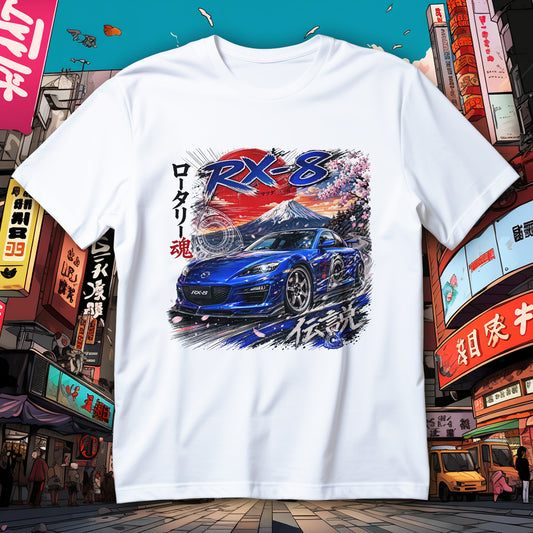 Koszulka JDM z niebieskim coupe RX-8, górą Fuji, sakurą, czerwonym słońcem i schematem rotora