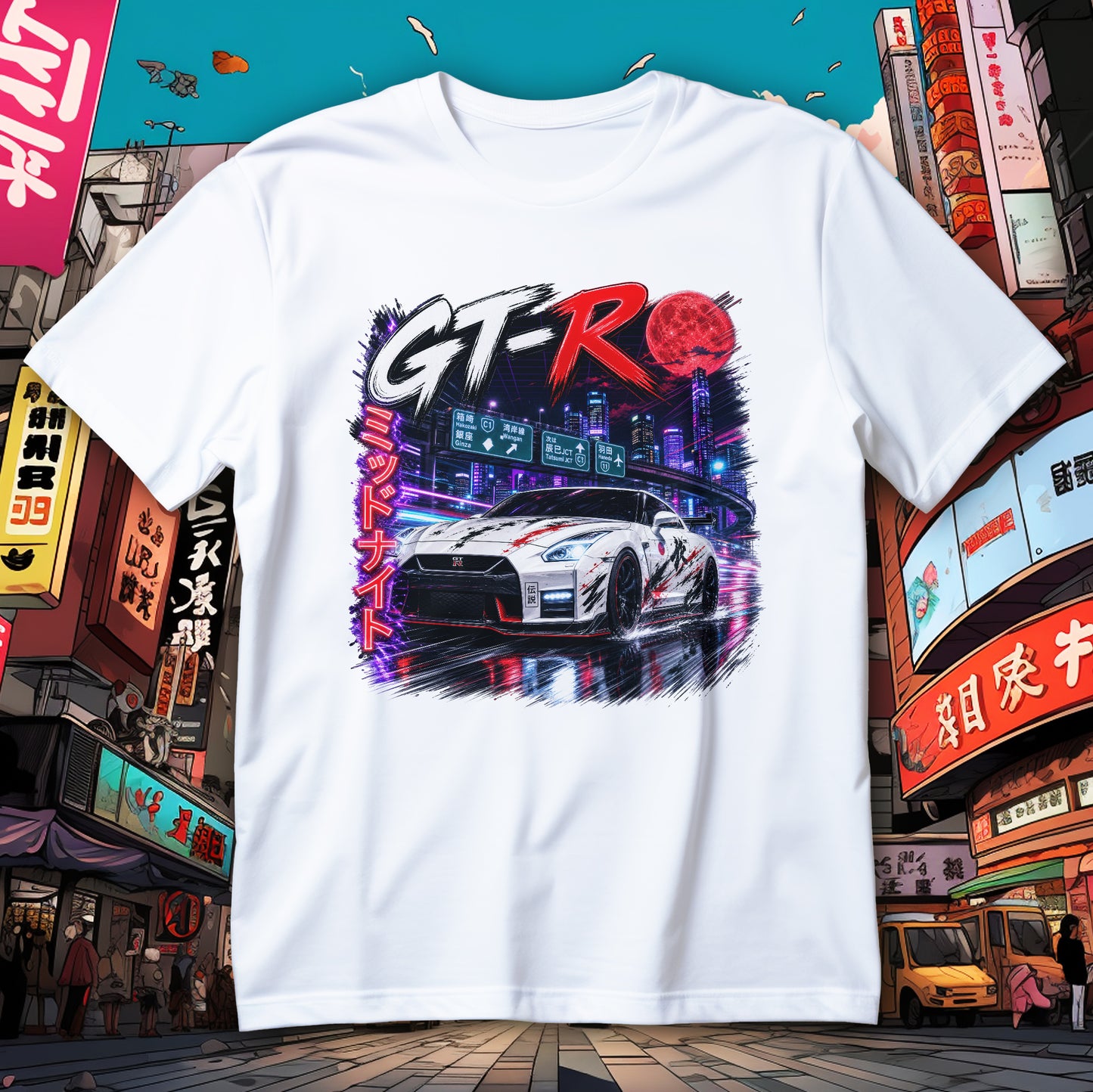 Koszulka GT-R JDM z białym coupe na mokrej trasie Wangan, czerwonym księżycem i neonową panoramą Tokio