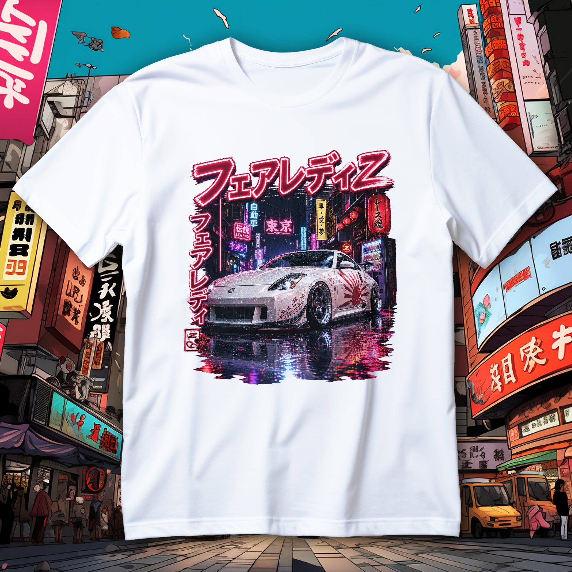Koszulka 350Z JDM z białym coupe, neonową ulicą Tokio, lampionami, sakurą i czerwonym motywem słońca