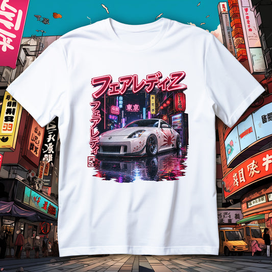 Koszulka 350Z JDM z białym coupe, neonową ulicą Tokio, lampionami, sakurą i czerwonym motywem słońca