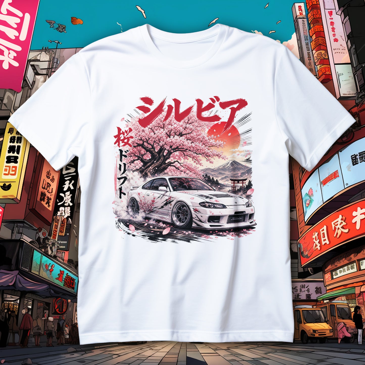 Koszulka Silvia S15 z białym coupe w drifcie, sakurą, górą Fuji, czerwonym słońcem i bramą torii