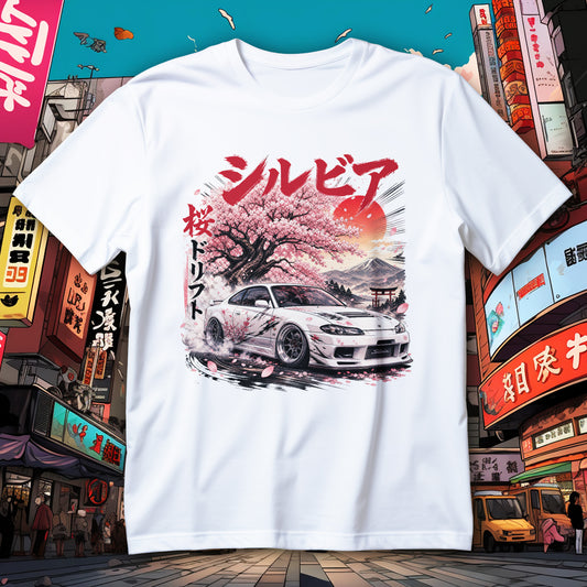 Koszulka Silvia S15 z białym coupe w drifcie, sakurą, górą Fuji, czerwonym słońcem i bramą torii